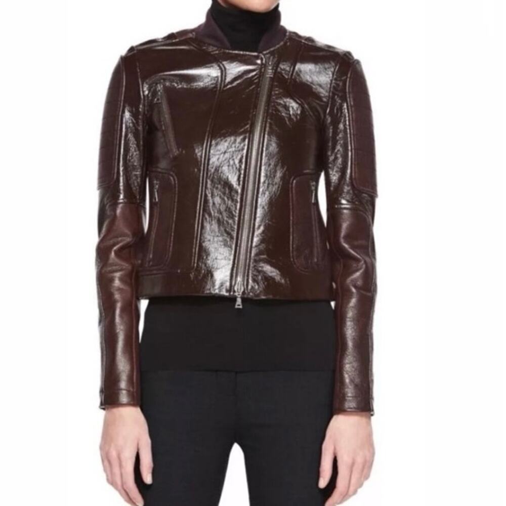 THEORY Shezi Polished Moto Lambskin Leather Jacket Brown - Sz XS